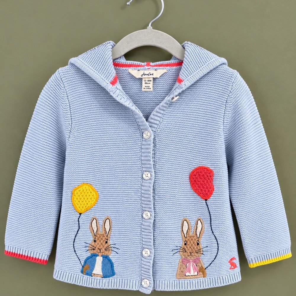 Joules Light Blue Hooded Knit Cardigan with Peter Rabbit Appliqués